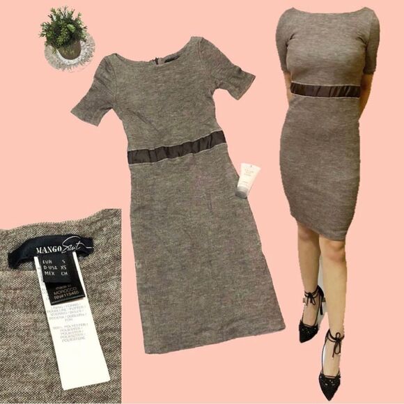 Mango Suit Brown Wool Blend Boatneckl 3/4 Sleeve Sheath Dress - Picture 3 of 11